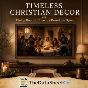 May include: A framed wall art print depicting the Last Supper scene with warm, golden lighting. The text above reads TIMELESS CHRISTIAN DECOR, Dining Room &bull; Church &bull; Devotional Space. The bottom includes the logo for TheDataSheetCo.