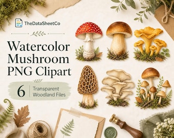 Watercolor Mushroom Clipart, Woodland PNG, Autumn Planner Stickers (Digital Download)
