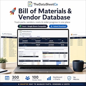May include: A digital Bill of Materials and Vendor Database template displayed on a laptop screen. The interface shows a BOM Dashboard with project metrics, cost breakdowns, order progress tables, and vendor spending charts for tracking parts and costs.