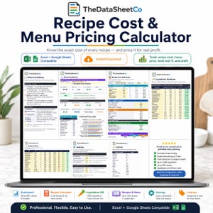 May include: A digital Recipe Cost and Menu Pricing Calculator spreadsheet displayed on a laptop screen. The interface features tabs for a dashboard, recipe calculator, ingredients database, and settings, with charts and tables for tracking food costs.