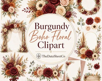 Burgundy Boho Floral Clipart Bundle, Wedding Watercolor PNG, Terracotta Blush Flowers, Boho Wedding Invitation Digital Download