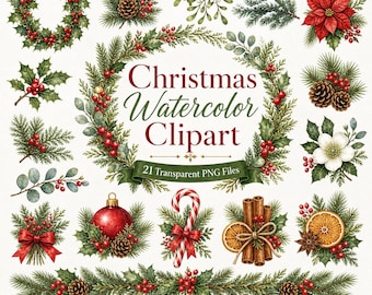 Christmas Watercolor Clipart Bundle, 21 Holiday Greenery PNG Files