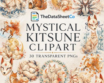 Paquete de imágenes prediseñadas de Kitsune, 30 imágenes PNG de espíritus zorros místicos, arte fantástico del folclore japonés, descarga digital de pegatinas transparentes para agendas