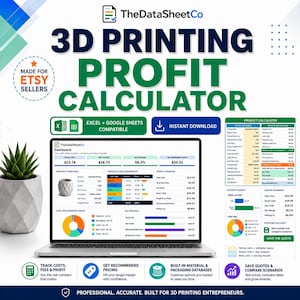 May include: A digital 3D Printing Profit Calculator spreadsheet for Etsy sellers, displayed on a laptop screen. The interface shows a dashboard with cost breakdowns, profit margins, and key metrics, including charts and tables for product pricing analysis.