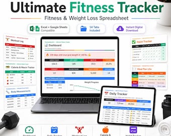 Fitness Tracker Spreadsheet, Excel Google Sheets, Weight Loss Workout Planner (Digital Download)