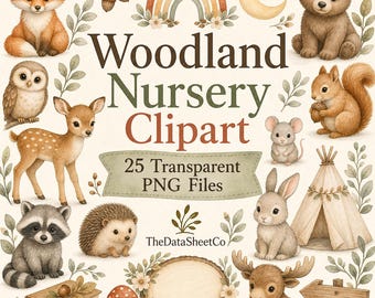 Woodland Nursery Clipart, Watercolor Animals, Baby Shower Graphics (25 PNG Files)