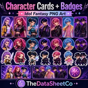 Puede incluir: Una colecci&oacute;n de tarjetas de personajes y insignias con ilustraciones de estilo anime. Las tarjetas e insignias muestran varios personajes con diferentes peinados y atuendos, con el texto "Character Cards + Badges" y "Idol Fantasy PNG Art".