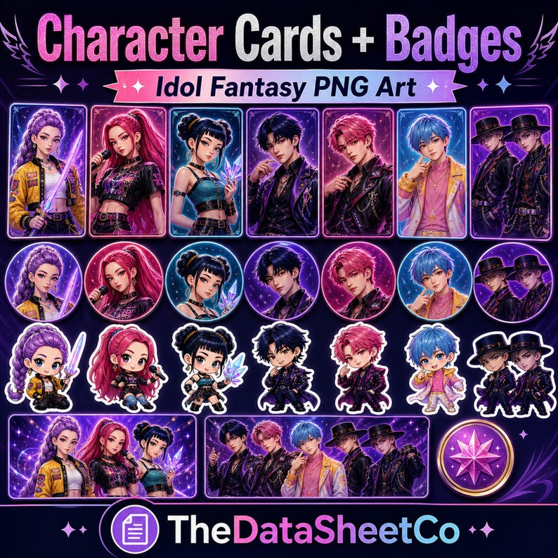 Puede incluir: Una colecci&oacute;n de tarjetas de personajes y insignias con ilustraciones de estilo anime. Las tarjetas e insignias muestran varios personajes con diferentes peinados y atuendos, con el texto "Character Cards + Badges" y "Idol Fantasy PNG Art".