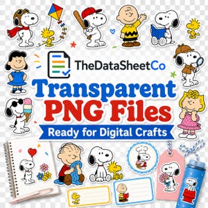 Transparent PNG graphics on checker backgrounds with stationery and digital craft examples
