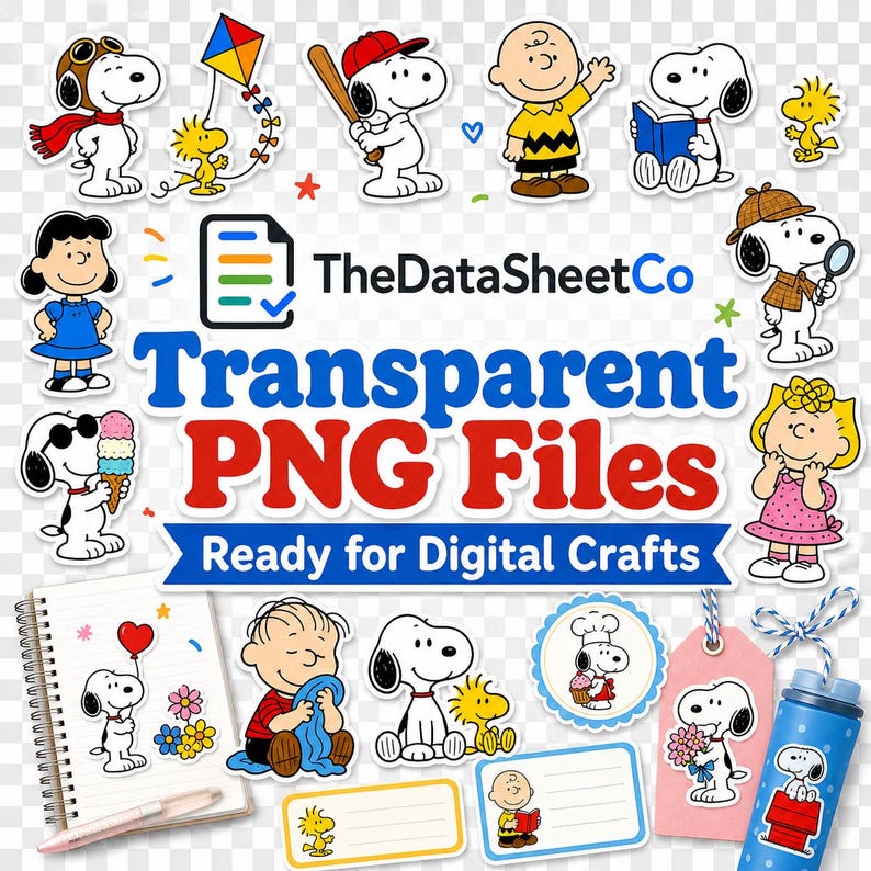 Transparent PNG graphics on checker backgrounds with stationery and digital craft examples