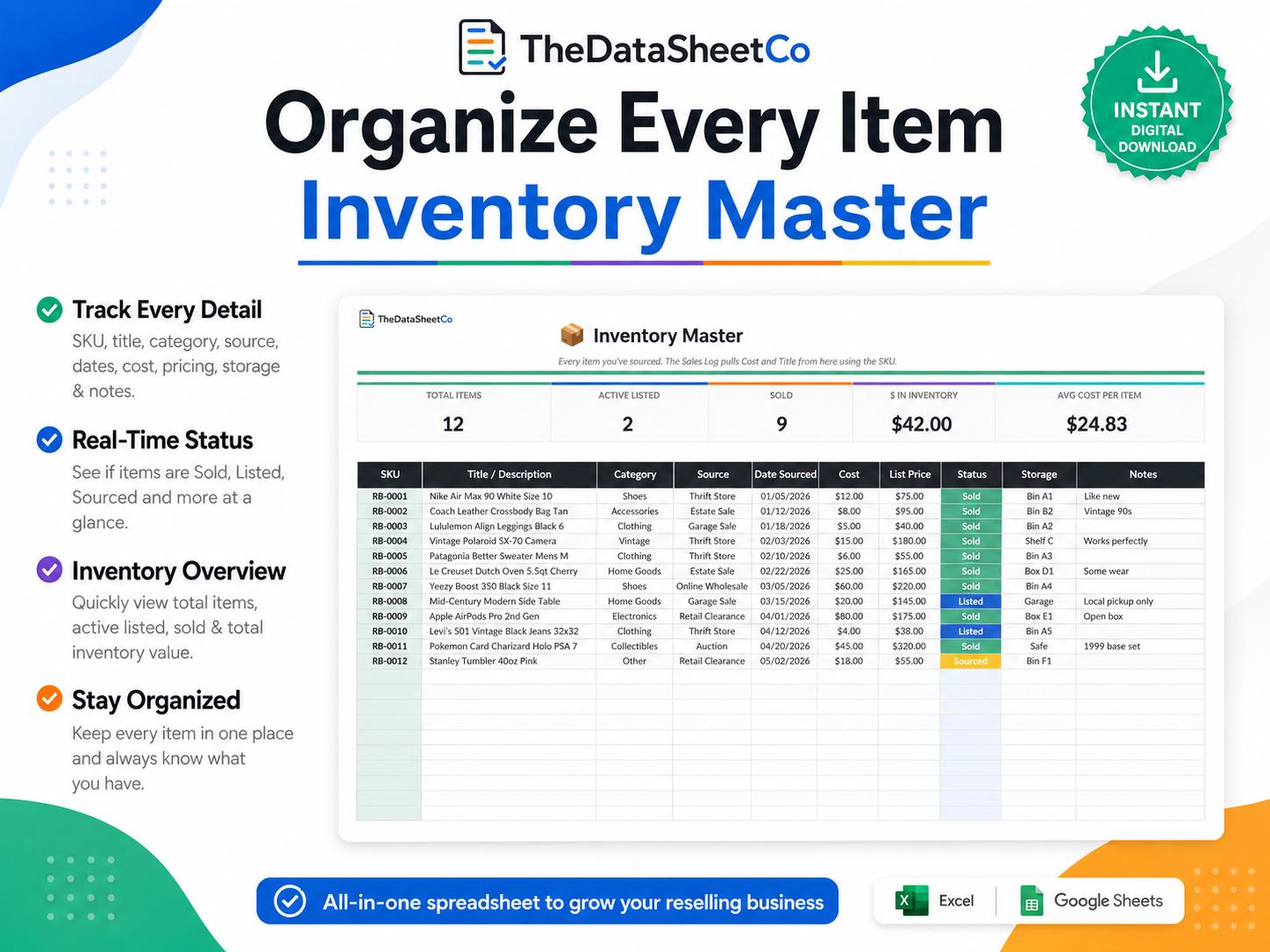Reseller Spreadsheet Excel Template, Inventory Tracker, Sales Tracker ...