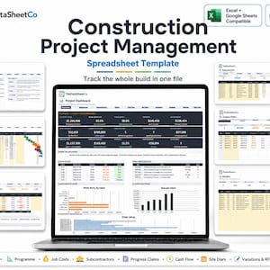 Op de afbeelding: Een digitaal spreadsheet-sjabloon voor bouwprojectbeheer op een laptopscherm, met een projectdashboard inclusief financiële gegevens, voortgangsgrafieken en diverse tabbladen voor het bijhouden van kosten en voortgang.