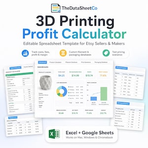May include: A digital spreadsheet template for 3D printing profit calculation. The image shows a dashboard with cost breakdowns, profit margins, and pricing scenarios. The template is editable for Etsy sellers and makers.