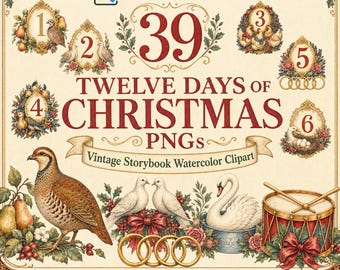Paquete de imágenes prediseñadas de los 12 días de Navidad, 39 imágenes PNG de acuarela vintage, gráficos navideños de los doce días, descarga digital de villancicos navideños.