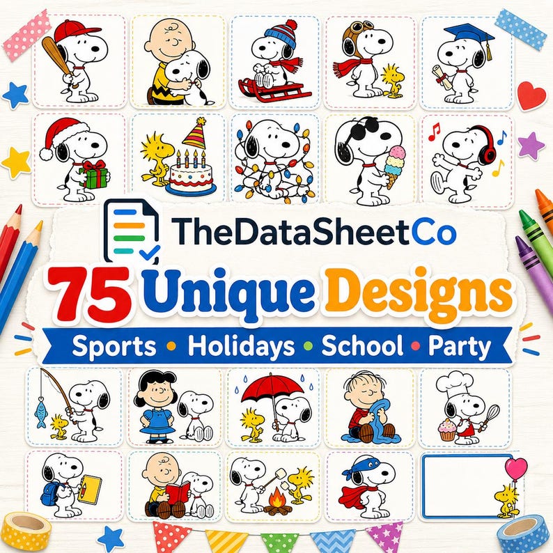Seventy-five character designs organized into sports, holiday, school and party themes