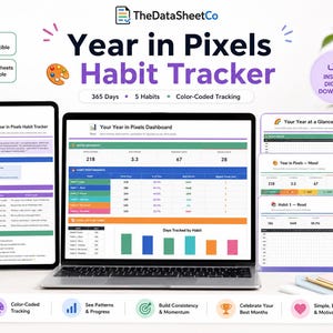 Puede incluir: Un rastreador de hábitos digital Year in Pixels mostrado en una pantalla de portátil y tableta. La interfaz presenta un seguimiento codificado por colores para 365 días y 5 hábitos, incluyendo paneles de rendimiento y seguimiento de estado de ánimo.