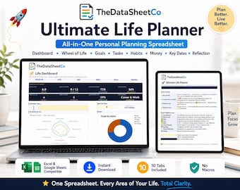 Ultimate Life Planner Spreadsheet, Goal Tracker, Habit Tracker, Task Planner, Wheel of Life, Budget Planner, Excel Google Sheets
