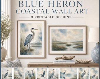 Blue Heron Wall Art Printable Set, Coastal Bird Prints, Marsh Watercolor Art, Lake House Decor, Digital Download