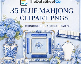 May include: A digital collection of 35 blue mahjong clipart PNGs featuring a vase with blue flowers, a teacup and saucer, a square mahjong board, a tile rack, a lidded jar, a blank frame, and dice, all decorated with blue and white floral patterns.