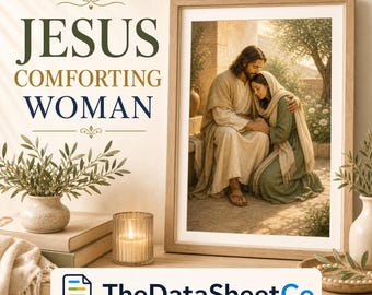 Cuadro decorativo "Jesús consolando a una mujer", pintura espiritual, imagen PNG imprimible de temática cristiana (descarga digital).