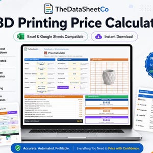 Könnte beinhalten: Eine digitale Software-Schnittstelle zur Preisberechnung für 3D-Druck auf einem Laptop-Bildschirm mit Eingabefeldern für Materialkosten, Arbeitsaufwand und Gewinnspannen sowie einer Übersicht empfohlener Groß- und Einzelhandelspreise.