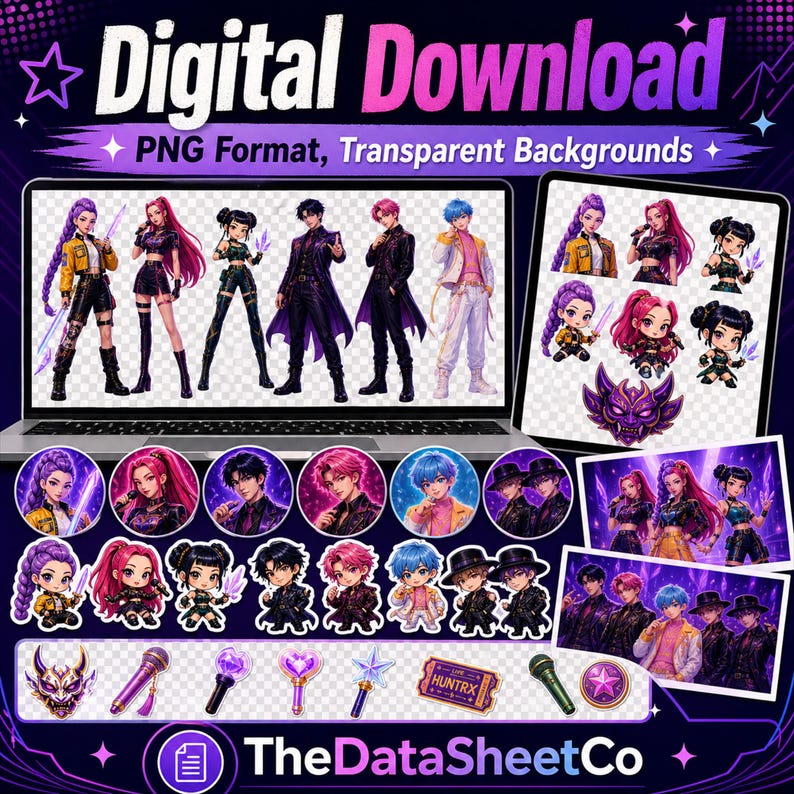 Puede incluir: Conjunto gr&aacute;fico de descarga digital con personajes de estilo anime en varios atuendos. La imagen incluye un port&aacute;til y una tableta que muestran los personajes, junto con pegatinas, iconos y el texto "Digital Download" y "TheDataSheetCo".
