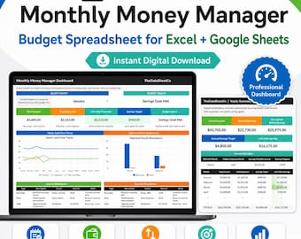 Monthly Money Manager Spreadsheet | Excel, Google Sheets Budget Tracker (Digital Download)