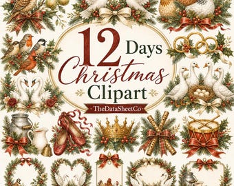 12 Days of Christmas Clipart PNG Bundle, Watercolor Christmas Clipart, Holiday PNG Graphics, Christmas Card Clip Art, Digital Download