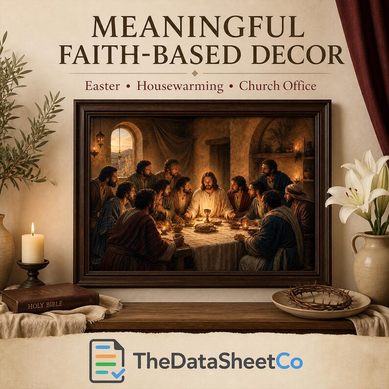 May include: A framed wall art print depicting the Last Supper, featuring a central figure at a table with twelve others. Above the frame, the text reads MEANINGFUL FAITH-BASED DECOR, Easter, Housewarming, Church Office. Below, a Bible, candle, and crown of thorns are visible.