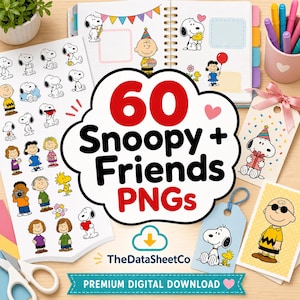 以下が含まれることがあります： スヌーピーと仲間たちのPNG画像。ステッカー、タグ、イラスト入りのノートが含まれています。「60 Snoopy + Friends PNGs」のテキストが表示されています。明るくカラフルなテーマで、様々なキャラクターが描かれています。