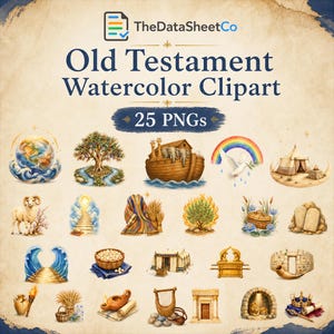 Könnte beinhalten: Eine digitale Sammlung von 25 Aquarell-Cliparts zum Alten Testament mit biblischen Szenen und Symbolen, darunter die Arche Noah, ein brennender Dornbusch, Steintafeln, eine goldene Bundeslade, eine Harfe, eine Krone und verschiedene Zelte.