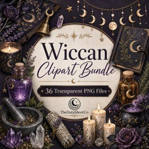 May include: A digital clipart bundle with a Wiccan theme. The image features a variety of mystical items, including a spell book, candles, potion bottles, crystals, and a mortar and pestle. The text "Wiccan Clipart Bundle" is prominently displayed.
