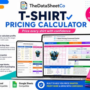 May include: A digital T-Shirt Pricing Calculator tool for Etsy sellers displayed on a laptop and tablet screen. The interface shows profit margins, Etsy fees, and cost tracking. A stack of colorful folded t-shirts sits in the bottom right corner.