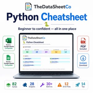 Python Cheat Sheet, Python Cheatsheet for Beginners, Python Reference Workbook, Coding Cheat Sheet, Python Syntax Snippets, Excel PDF Guide