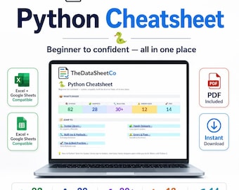 Python Cheat Sheet, Python Cheatsheet for Beginners, Python Reference Workbook, Coding Cheat Sheet, Python Syntax Snippets, Excel PDF Guide