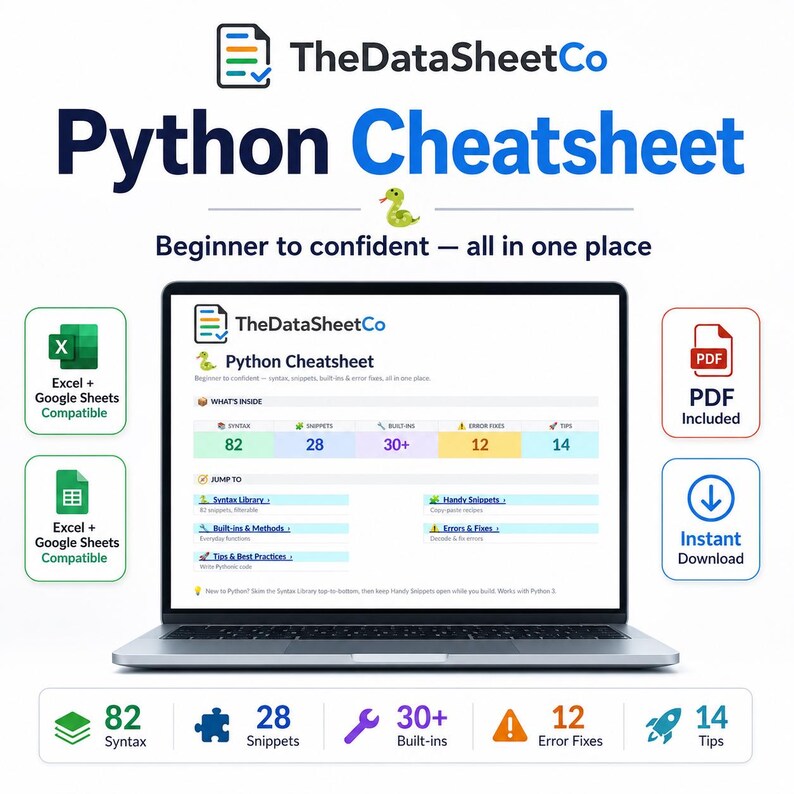 Hoja de referencia de Python, Hoja de referencia de Python para principiantes, Libro de trabajo de referencia de Python, Hoja de referencia de codificación, Fragmentos de sintaxis de Python, Guía en PDF de Excel imagen 1