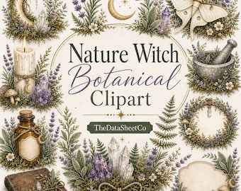Paquete de imágenes prediseñadas PNG de brujas de la naturaleza, imágenes prediseñadas wiccanas, imágenes prediseñadas de acuarela botánica de brujas, gráficos PNG de boticario, descarga digital