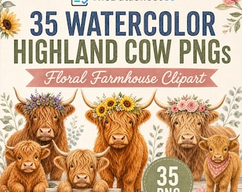 Paquete de imágenes prediseñadas de vacas de las Tierras Altas en acuarela, 35 imágenes PNG de vacas florales, gráficos de terneros para granja, sublimación para guardería, descarga digital.