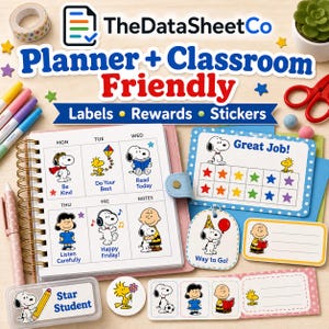 Planner and classroom labels, rewards and stickers decorated with cartoon dog and child characters