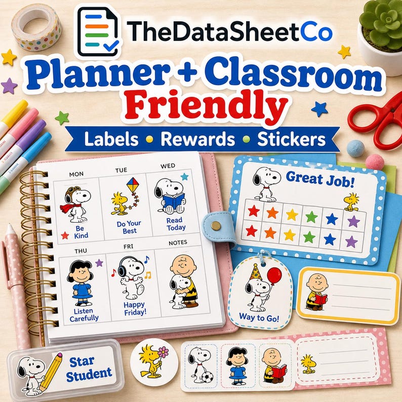 Planner and classroom labels, rewards and stickers decorated with cartoon dog and child characters