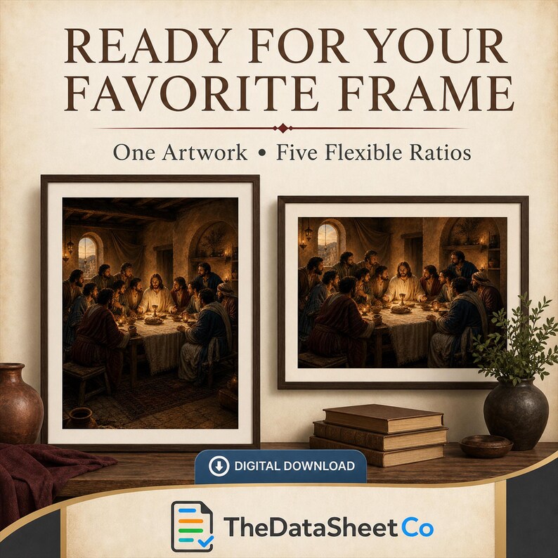 May include: A digital download advertisement featuring the text READY FOR YOUR FAVORITE FRAME and One Artwork &bull; Five Flexible Ratios. It displays two framed prints of The Last Supper in vertical and horizontal orientations with books and a vase.