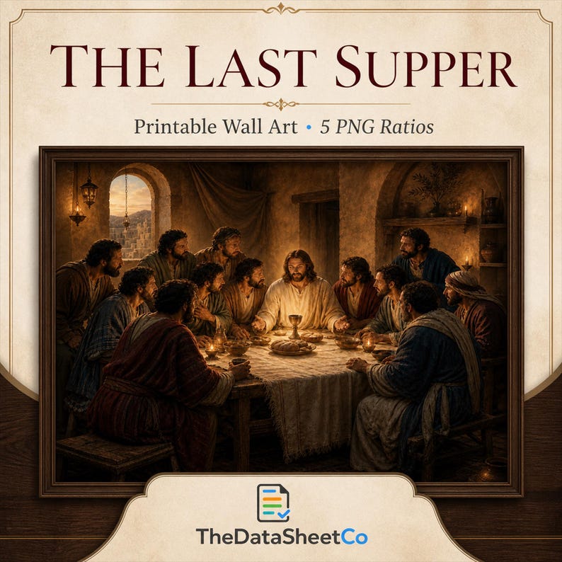 May include: A digital wall art print titled THE LAST SUPPER featuring a scene of thirteen figures seated at a long table with a central figure in white robes. The text reads THE LAST SUPPER, Printable Wall Art, 5 PNG Ratios, and TheDataSheetCo.
