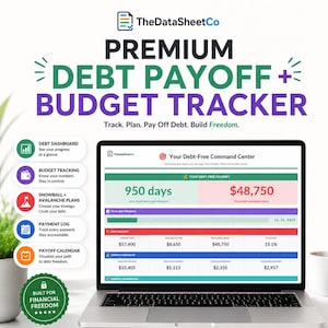 May include: A laptop displaying a debt payoff and budget tracker. The screen shows financial data, including debt progress, payment logs, and a payoff calendar. The software is compatible with Excel and Google Sheets.