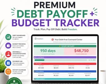 May include: A laptop displaying a debt payoff and budget tracker. The screen shows financial data, including debt progress, payment logs, and a payoff calendar. The software is compatible with Excel and Google Sheets.