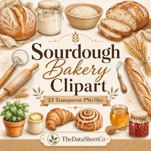 Könnte beinhalten: Illustration mit Sauerteig-Backwaren und -Werkzeugen. Enthält Brot, geschnittenes Brot, ein Croissant, eine Zimtschnecke und ein Glas Marmelade. Der Text "Sourdough Bakery Clipart" wird angezeigt.