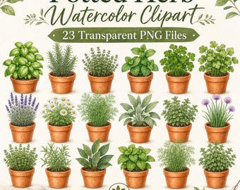 Potted Herb Watercolor Clipart Bundle, 23 Kitchen Garden PNGs (Digital Download)