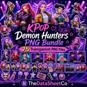 Puede incluir: Un dise&ntilde;o gr&aacute;fico digital que presenta KPop Demon Hunters. La imagen incluye ilustraciones de personajes de estilo anime, figuras chibi y varios elementos de dise&ntilde;o. El texto en la imagen dice "KPop Demon Hunters PNG Bundle" y "75 Transparent PNG Files".