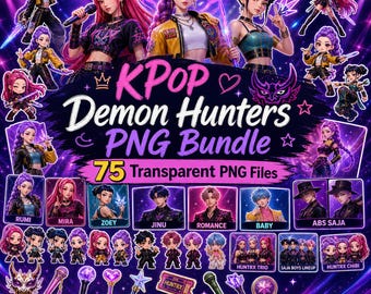 Kpop Clipart, Huntrix PNG SVG Bundle with Kpop Alphabet, Demon Hunters Clipart Digital Files with Rumi, Mira, Zoey, and Saja Boys