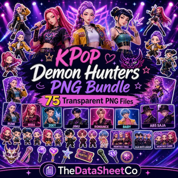 Kpop Clipart, Huntrix PNG SVG Bundle with Kpop Alphabet, Demon Hunters Clipart Digital Files with Rumi, Mira, Zoey, and Saja Boys