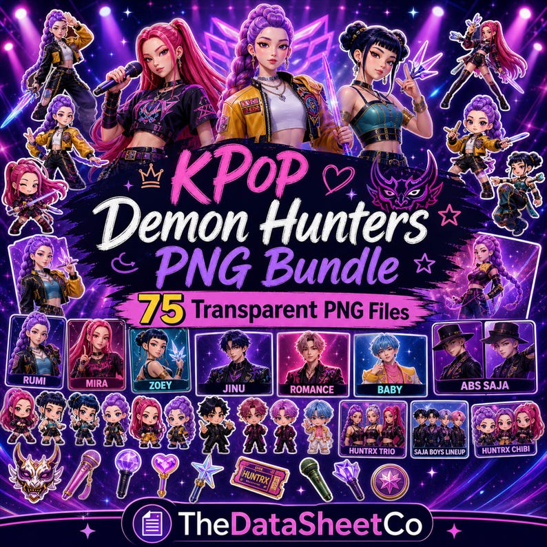 Puede incluir: Un dise&ntilde;o gr&aacute;fico digital que presenta KPop Demon Hunters. La imagen incluye ilustraciones de personajes de estilo anime, figuras chibi y varios elementos de dise&ntilde;o. El texto en la imagen dice "KPop Demon Hunters PNG Bundle" y "75 Transparent PNG Files".